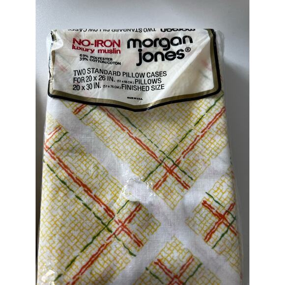 Vtg Morgan Jones Full Flat Sheet & Pillowcases Retro Tattersall Luxury Muslin - Picture 3 of 7